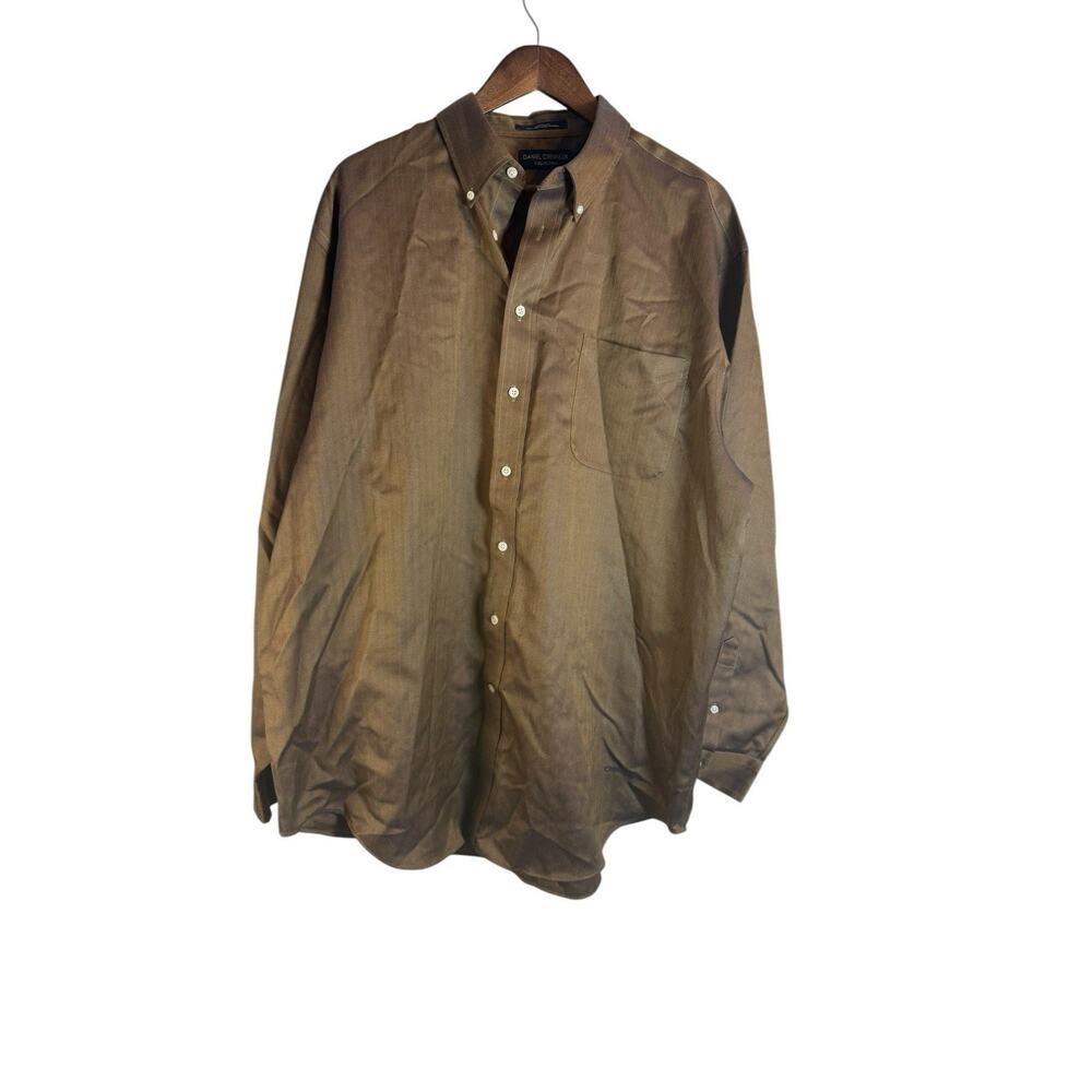 Daniel Cremieux Mens XL Brown Button Down Shirt Cotton Herringbone Long Sleeve